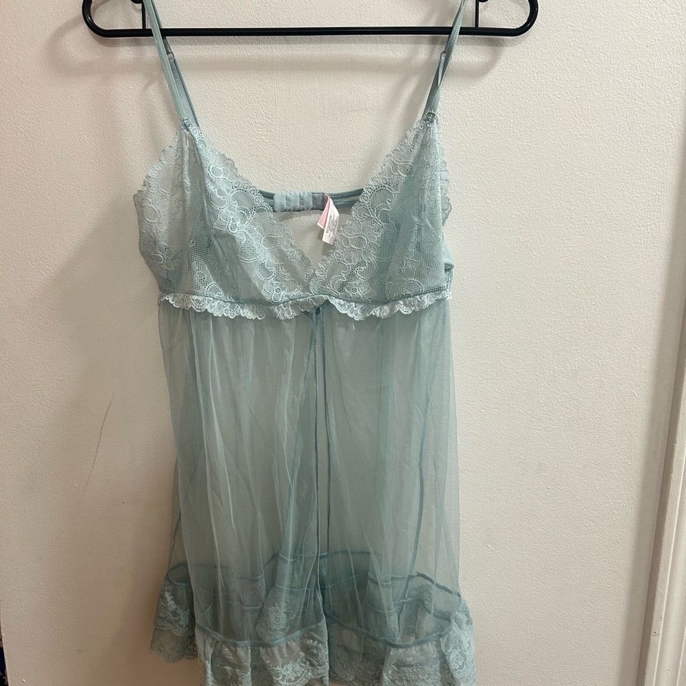 Victoria's Secret Sage Green Lace Mesh Babydoll Chemise Lingerie Large